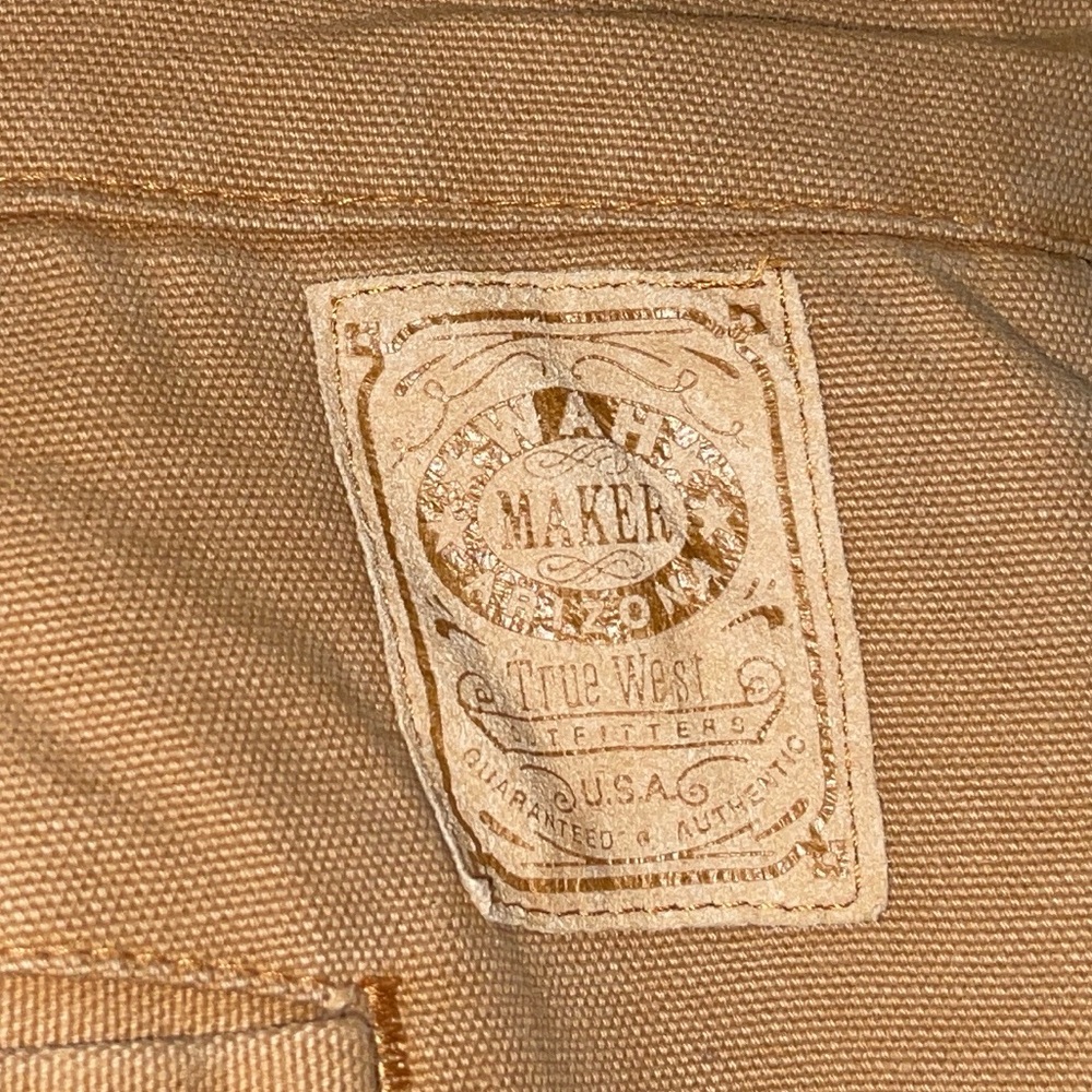 Vtg WAH MAKER Frontier Canvas Button Fly Suspender-Cinch Back Pants size 38.